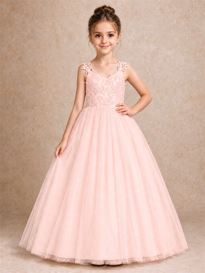 V Neck Lace Applique Sleeveless Tulle Floor Length Formal Gown for Wedding First Communion