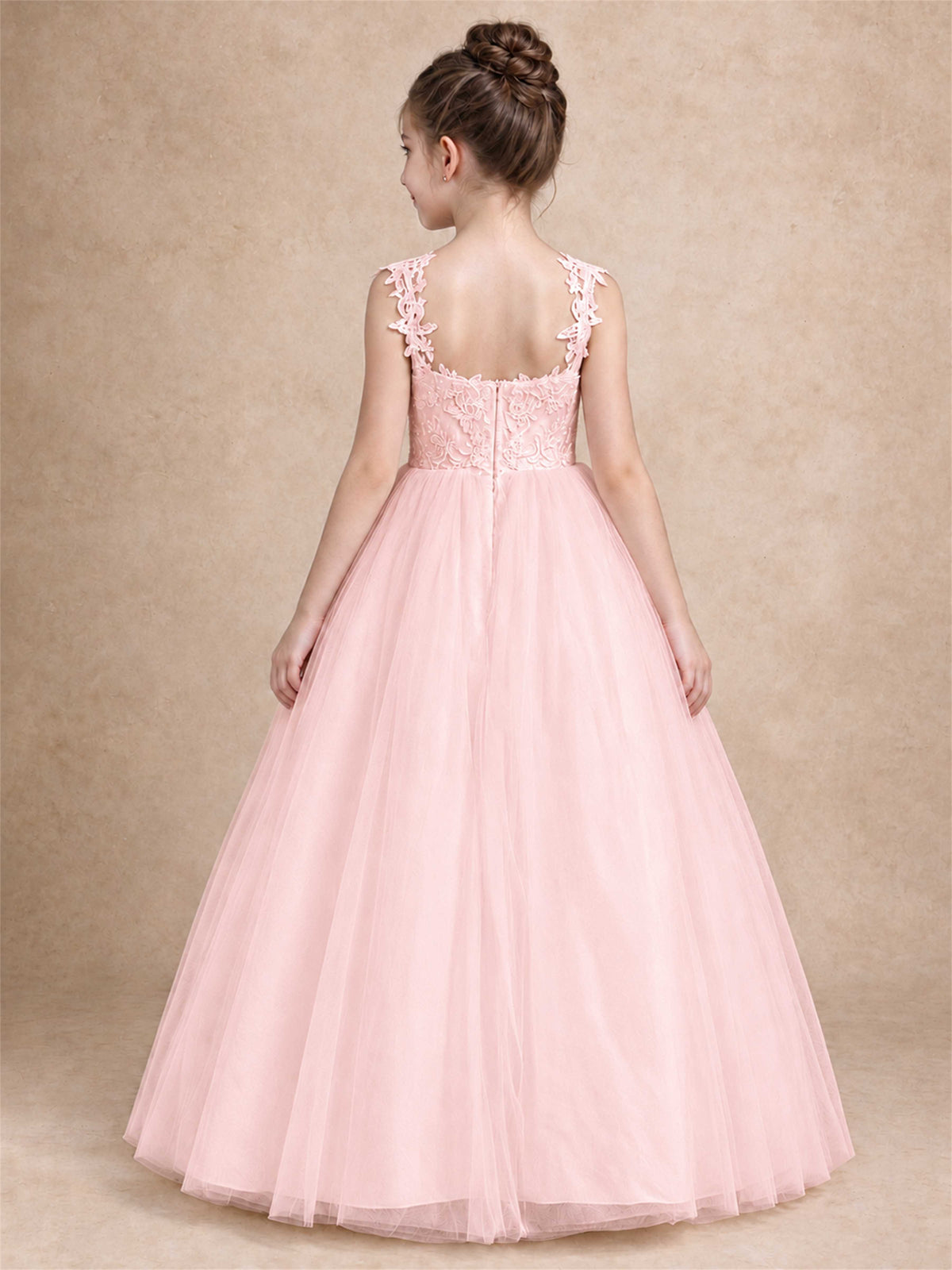 V Neck Lace Applique Sleeveless Tulle Floor Length Formal Gown for Wedding First Communion