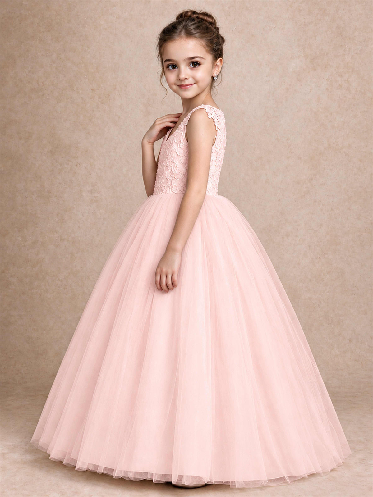 V Neck Lace Applique Sleeveless Tulle Floor Length Formal Gown for Wedding First Communion