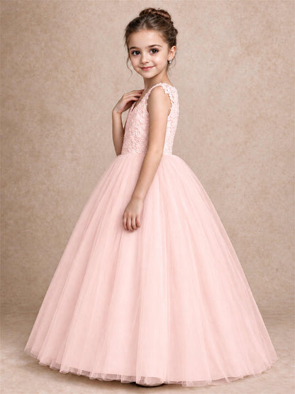 V Neck Lace Applique Sleeveless Tulle Floor Length Formal Gown for Wedding First Communion