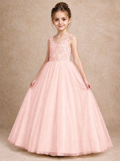 V Neck Lace Applique Sleeveless Tulle Floor Length Formal Gown for Wedding First Communion