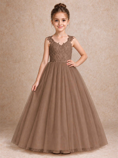 V Neck Lace Applique Sleeveless Tulle Floor Length Formal Gown for Wedding First Communion