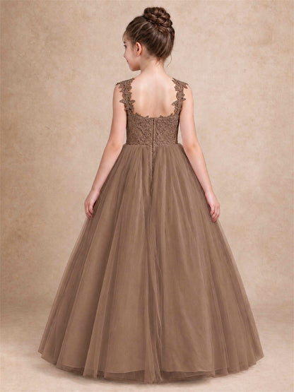 V Neck Lace Applique Sleeveless Tulle Floor Length Formal Gown for Wedding First Communion