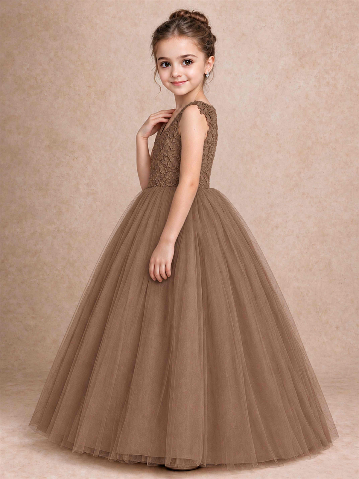 V Neck Lace Applique Sleeveless Tulle Floor Length Formal Gown for Wedding First Communion