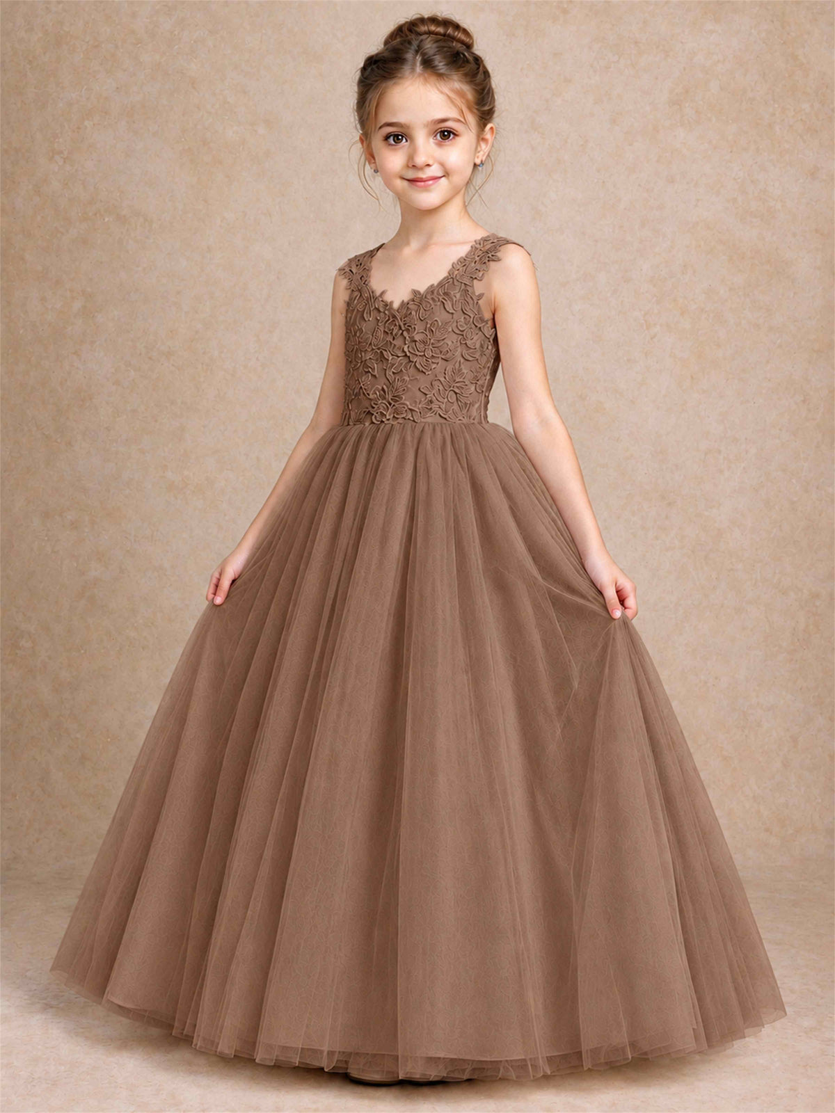 V Neck Lace Applique Sleeveless Tulle Floor Length Formal Gown for Wedding First Communion