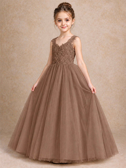 V Neck Lace Applique Sleeveless Tulle Floor Length Formal Gown for Wedding First Communion