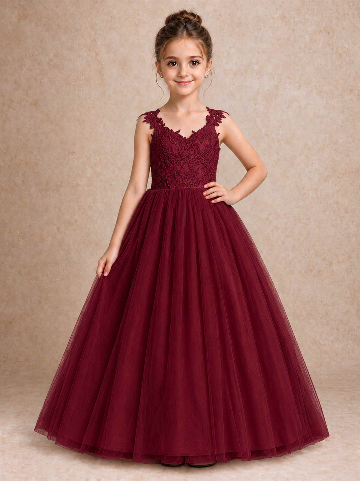 V Neck Lace Applique Sleeveless Tulle Floor Length Formal Gown for Wedding First Communion