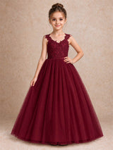 V Neck Lace Applique Sleeveless Tulle Floor Length Formal Gown for Wedding First Communion