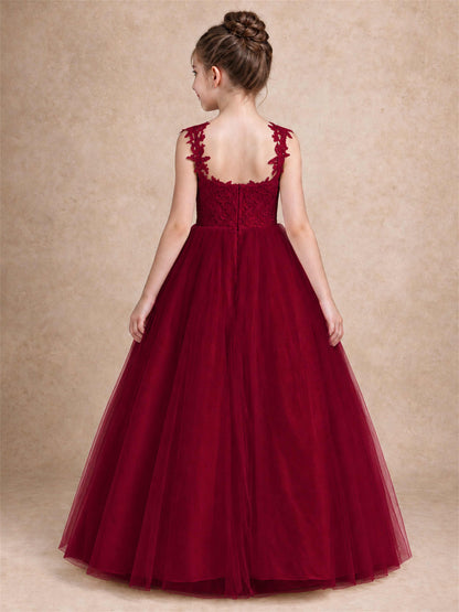 V Neck Lace Applique Sleeveless Tulle Floor Length Formal Gown for Wedding First Communion