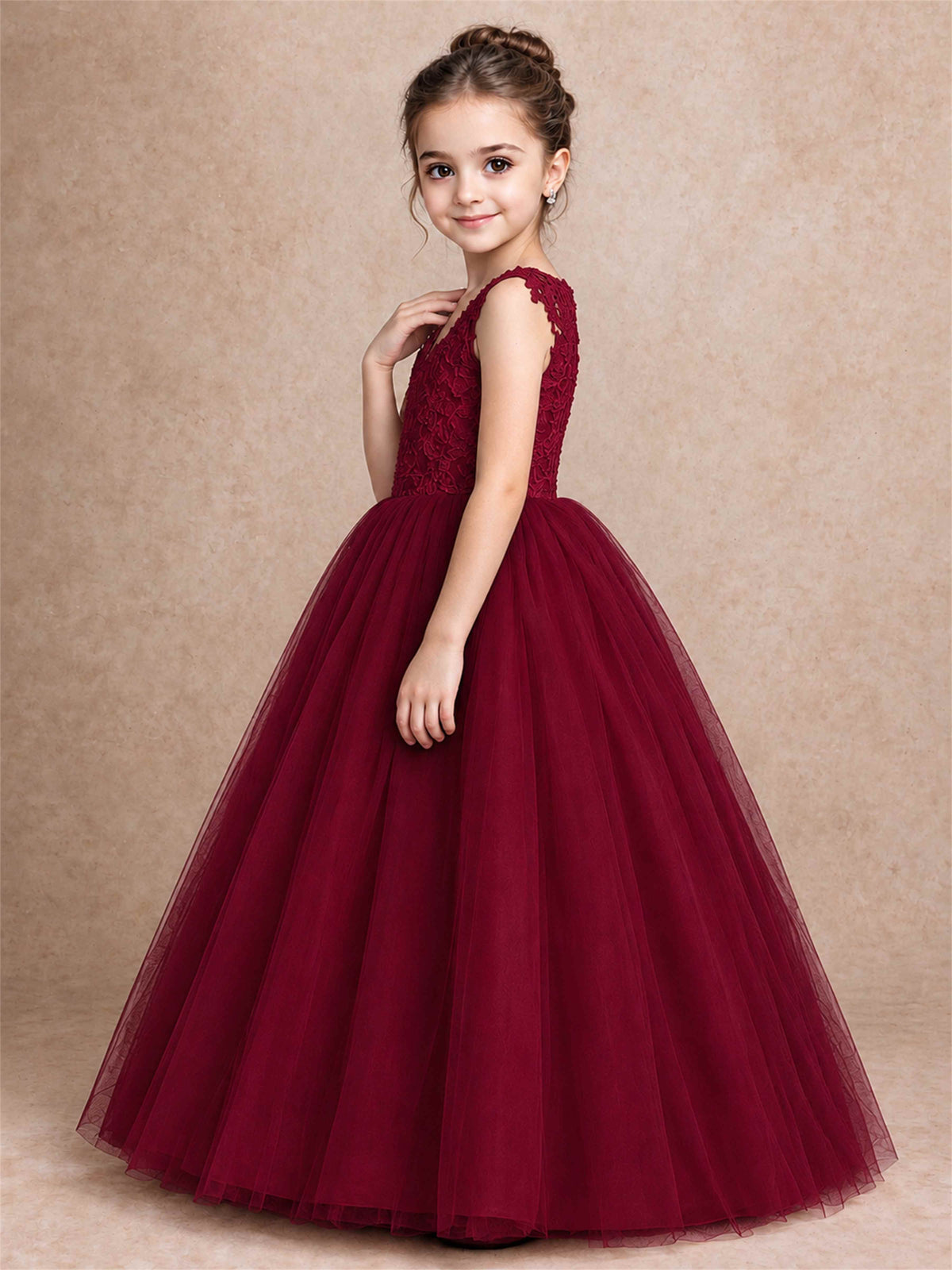 V Neck Lace Applique Sleeveless Tulle Floor Length Formal Gown for Wedding First Communion