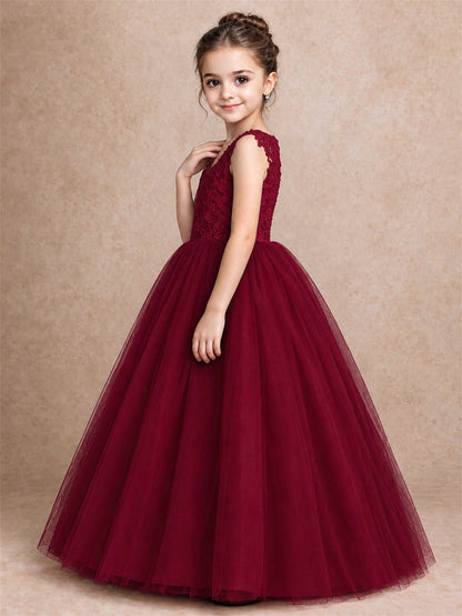 V Neck Lace Applique Sleeveless Tulle Floor Length Formal Gown for Wedding First Communion