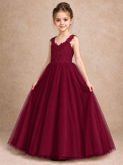 V Neck Lace Applique Sleeveless Tulle Floor Length Formal Gown for Wedding First Communion