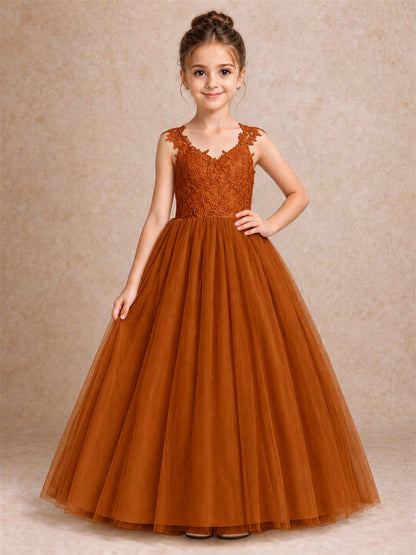 V Neck Lace Applique Sleeveless Tulle Floor Length Formal Gown for Wedding First Communion