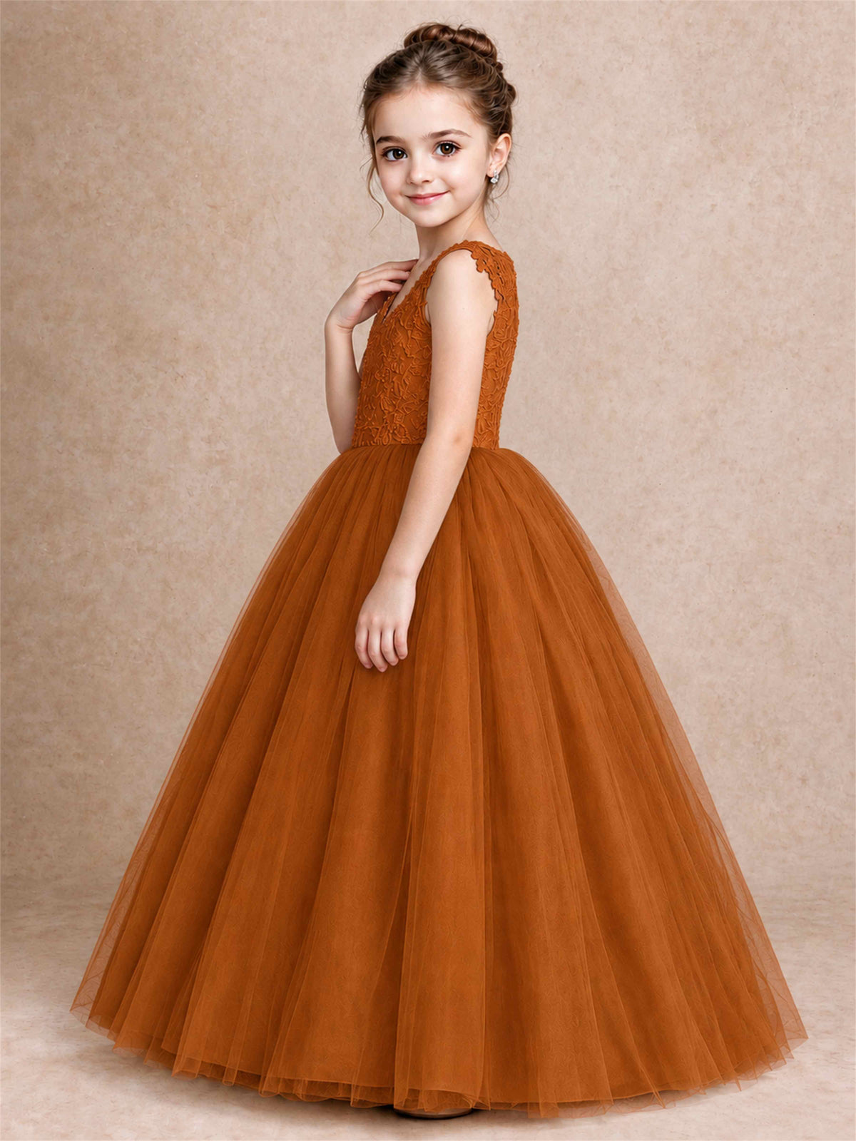 V Neck Lace Applique Sleeveless Tulle Floor Length Formal Gown for Wedding First Communion