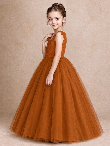 V Neck Lace Applique Sleeveless Tulle Floor Length Formal Gown for Wedding First Communion