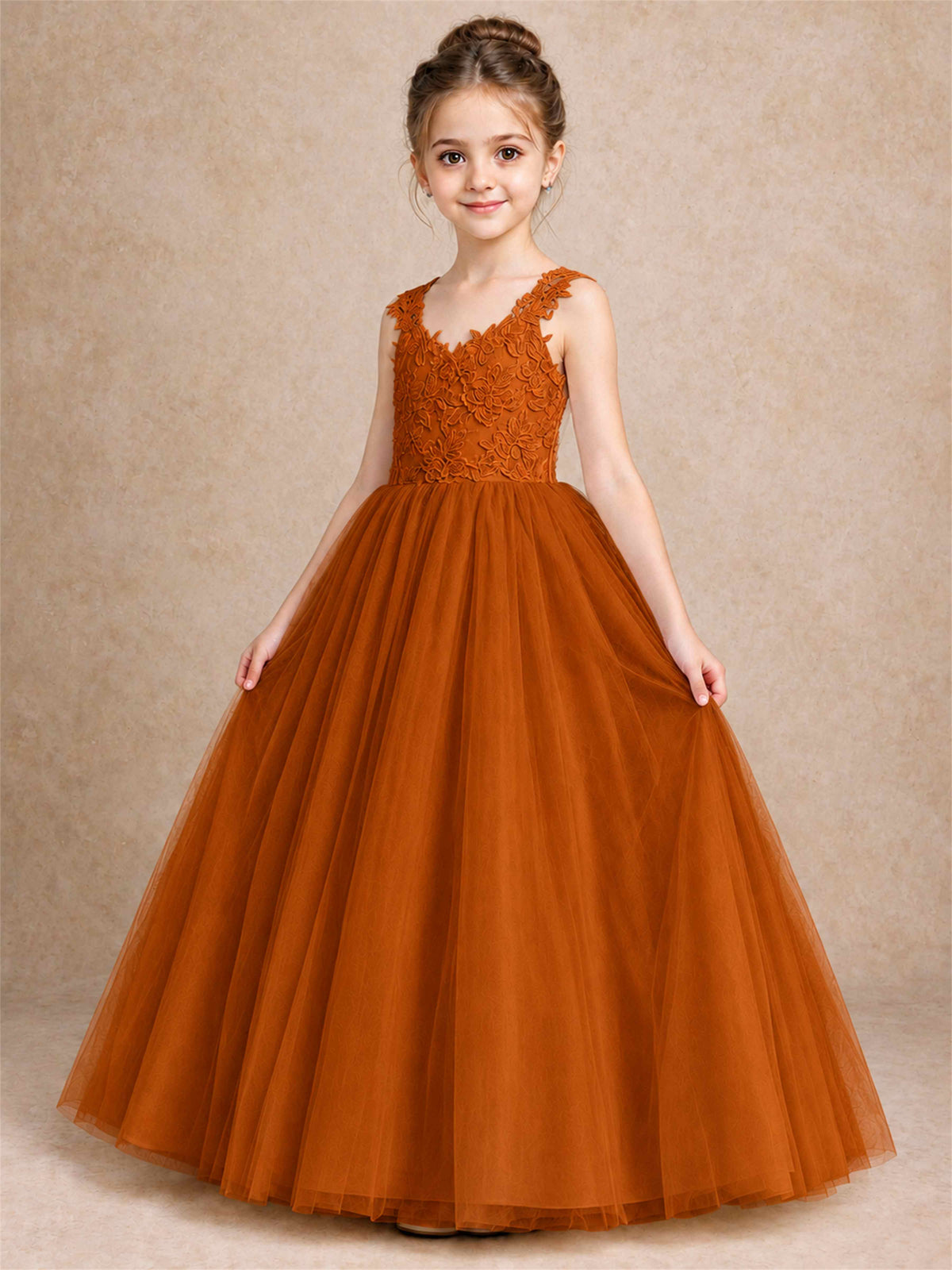 V Neck Lace Applique Sleeveless Tulle Floor Length Formal Gown for Wedding First Communion