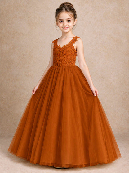 V Neck Lace Applique Sleeveless Tulle Floor Length Formal Gown for Wedding First Communion