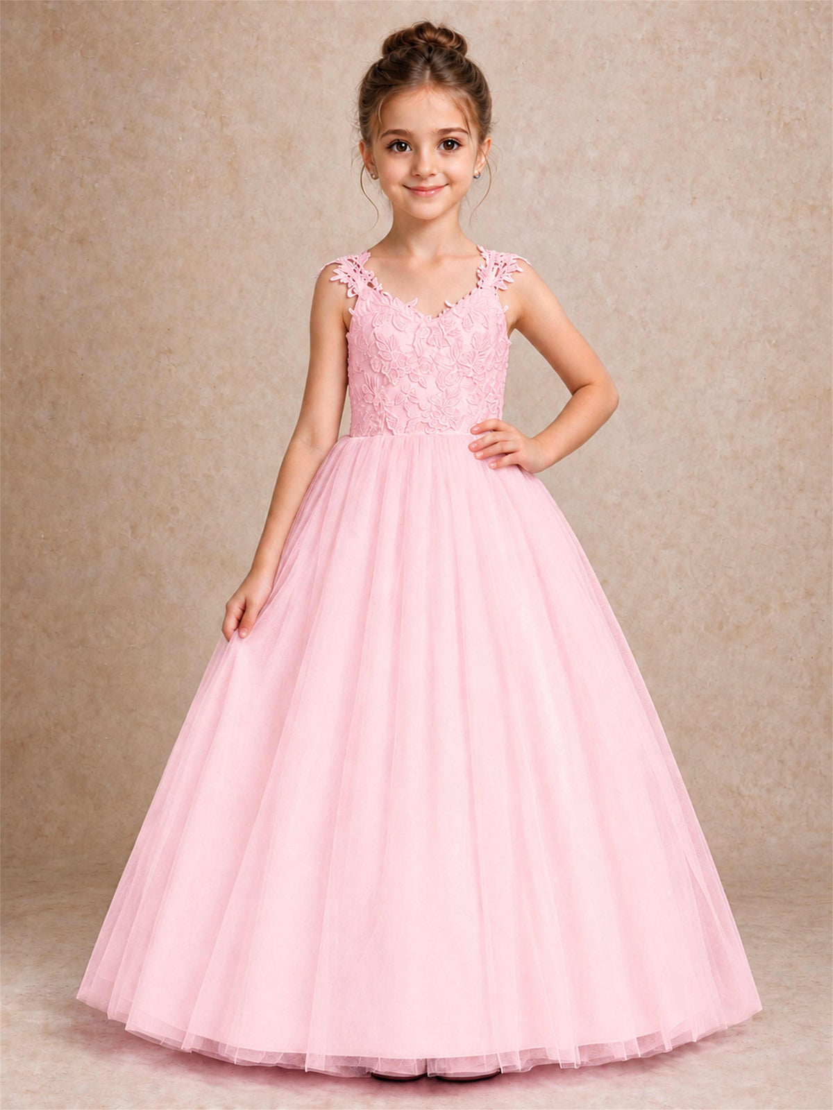 V Neck Lace Applique Sleeveless Tulle Floor Length Formal Gown for Wedding First Communion