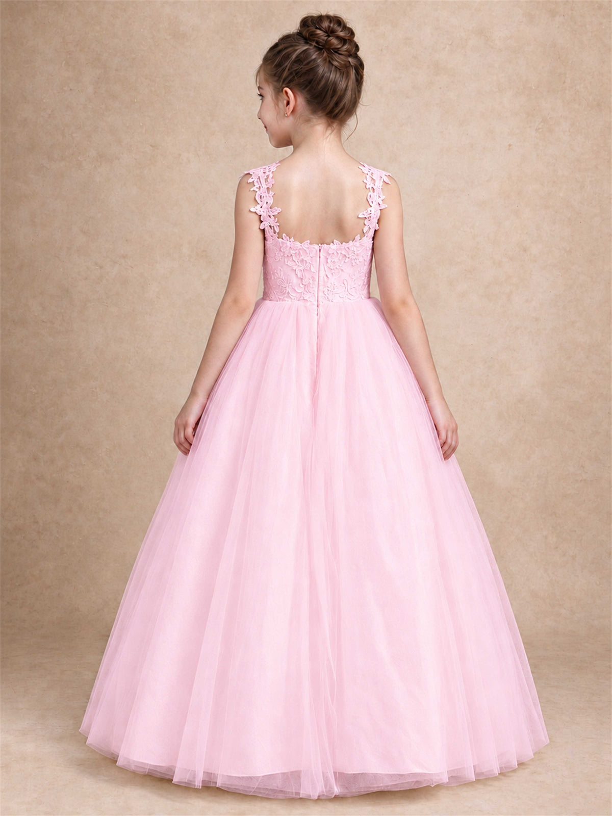 V Neck Lace Applique Sleeveless Tulle Floor Length Formal Gown for Wedding First Communion