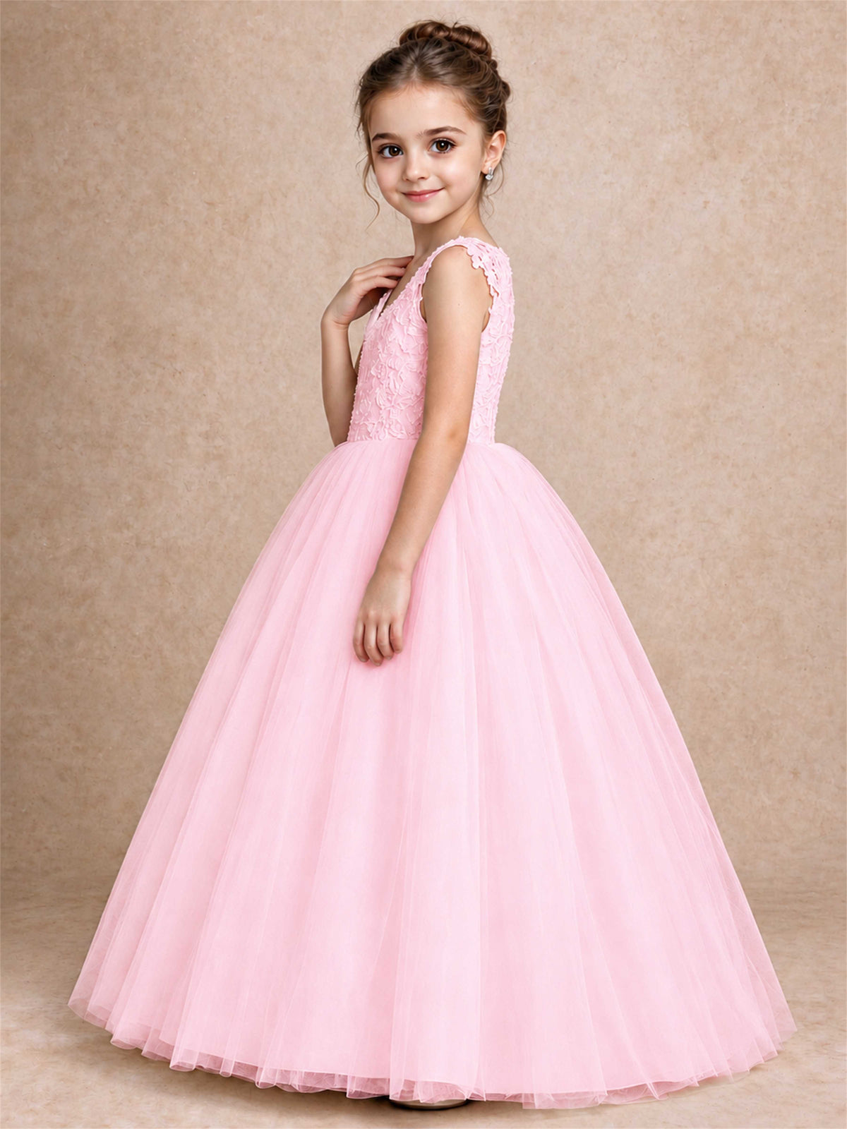 V Neck Lace Applique Sleeveless Tulle Floor Length Formal Gown for Wedding First Communion