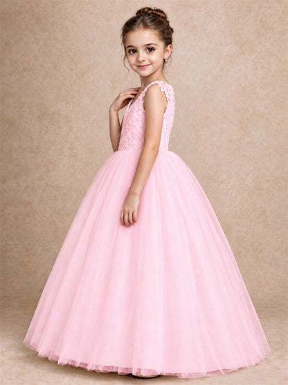 V Neck Lace Applique Sleeveless Tulle Floor Length Formal Gown for Wedding First Communion