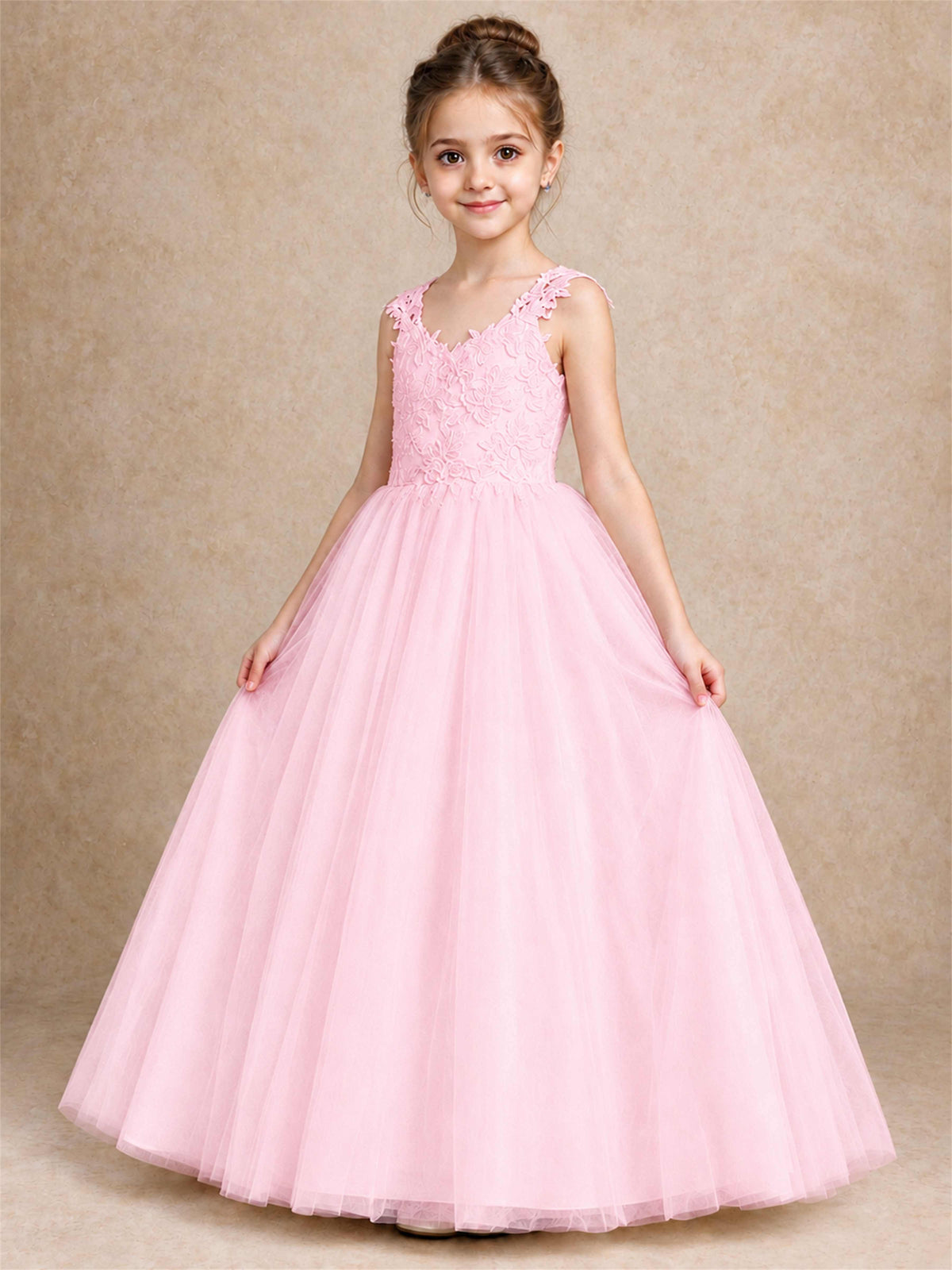 V Neck Lace Applique Sleeveless Tulle Floor Length Formal Gown for Wedding First Communion