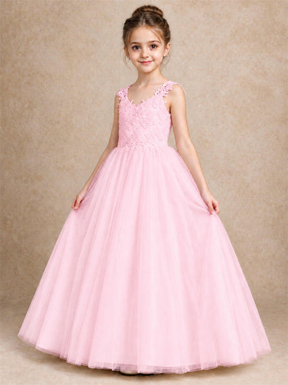 V Neck Lace Applique Sleeveless Tulle Floor Length Formal Gown for Wedding First Communion