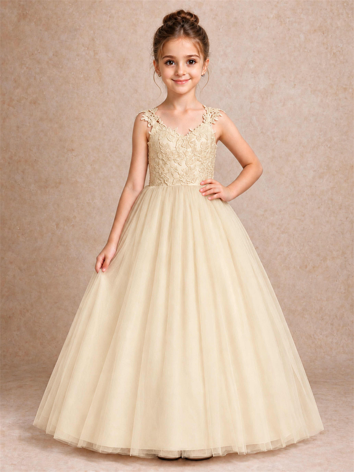 V Neck Lace Applique Sleeveless Tulle Floor Length Formal Gown for Wedding First Communion