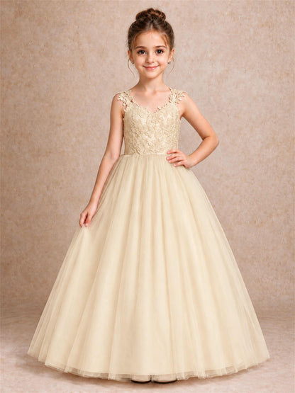 V Neck Lace Applique Sleeveless Tulle Floor Length Formal Gown for Wedding First Communion