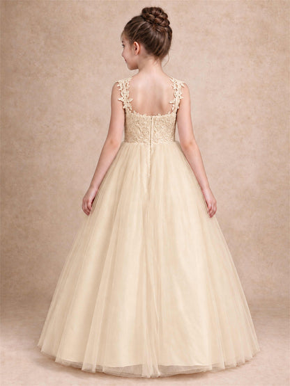 V Neck Lace Applique Sleeveless Tulle Floor Length Formal Gown for Wedding First Communion