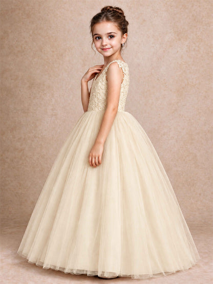 V Neck Lace Applique Sleeveless Tulle Floor Length Formal Gown for Wedding First Communion