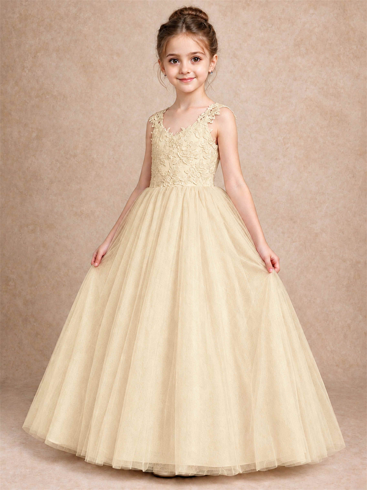 V Neck Lace Applique Sleeveless Tulle Floor Length Formal Gown for Wedding First Communion