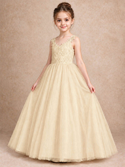 V Neck Lace Applique Sleeveless Tulle Floor Length Formal Gown for Wedding First Communion