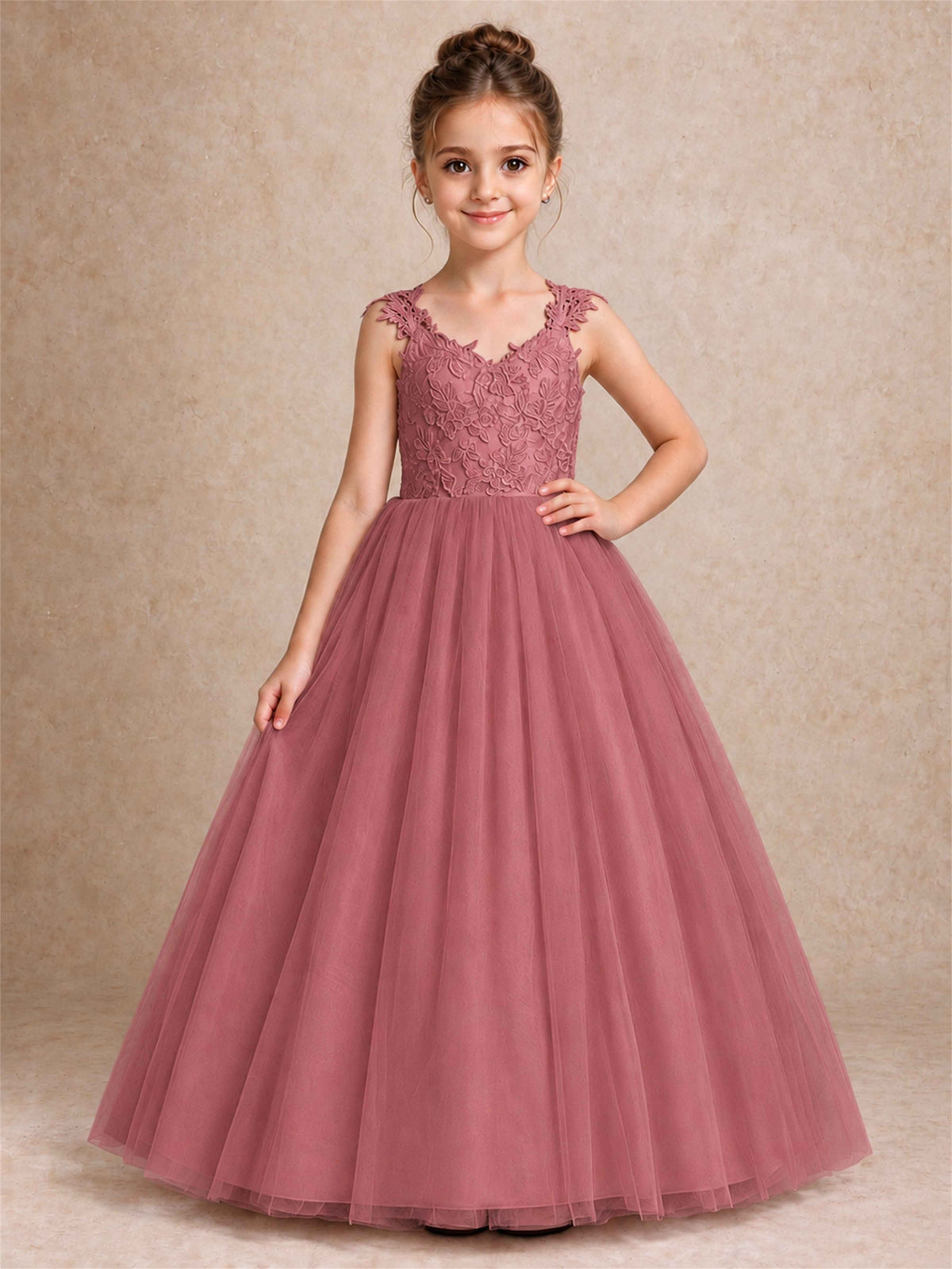 V Neck Lace Applique Sleeveless Tulle Floor Length Formal Gown for Wedding First Communion