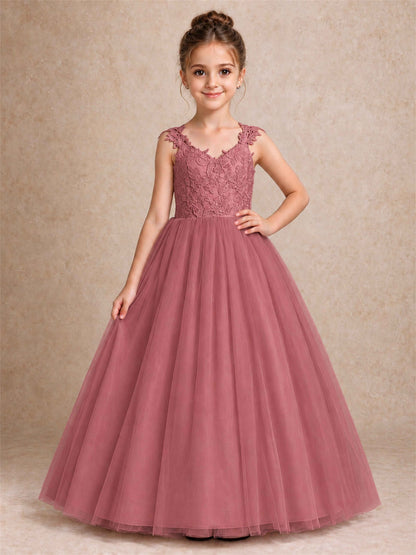 V Neck Lace Applique Sleeveless Tulle Floor Length Formal Gown for Wedding First Communion