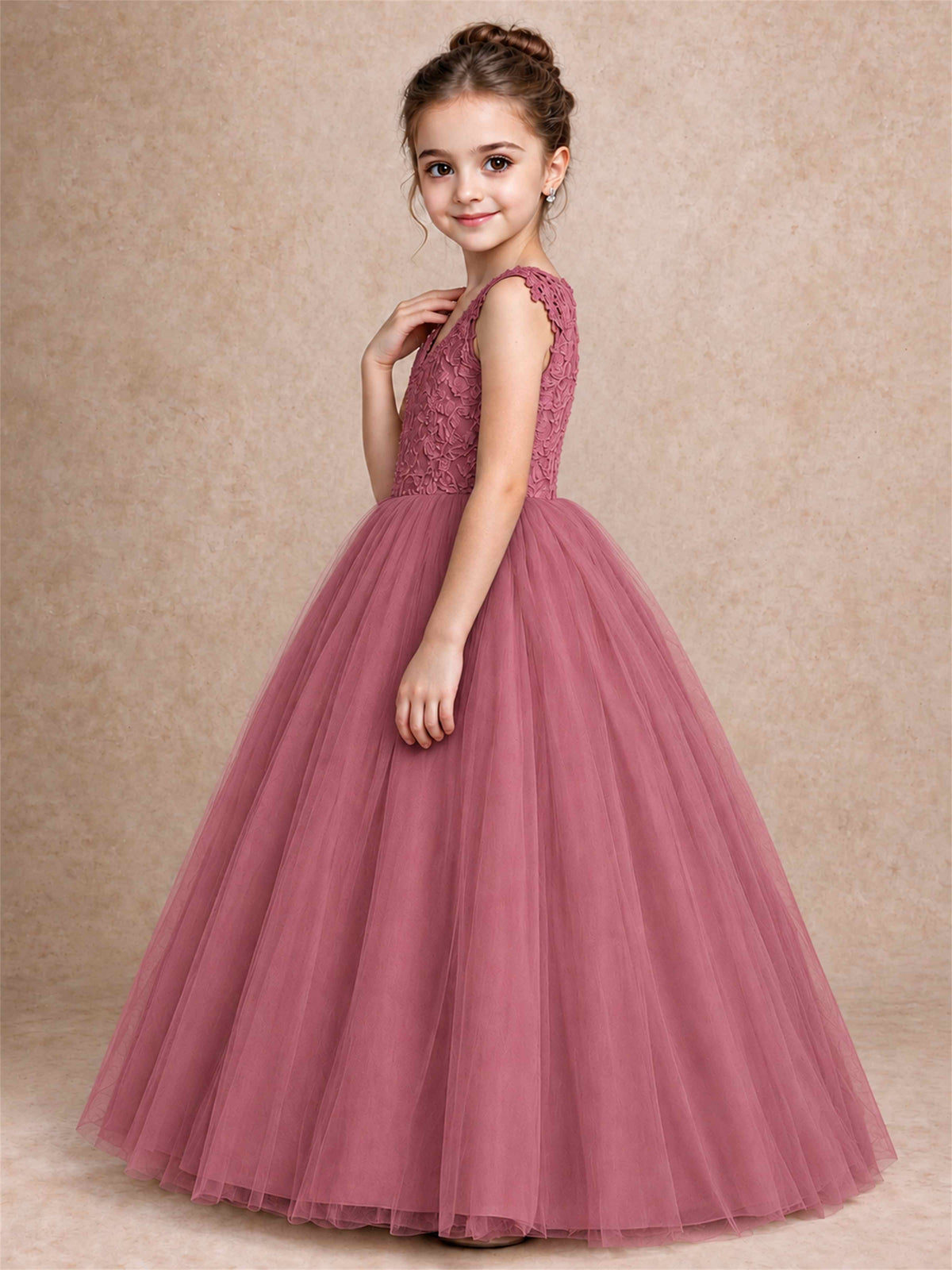 V Neck Lace Applique Sleeveless Tulle Floor Length Formal Gown for Wedding First Communion