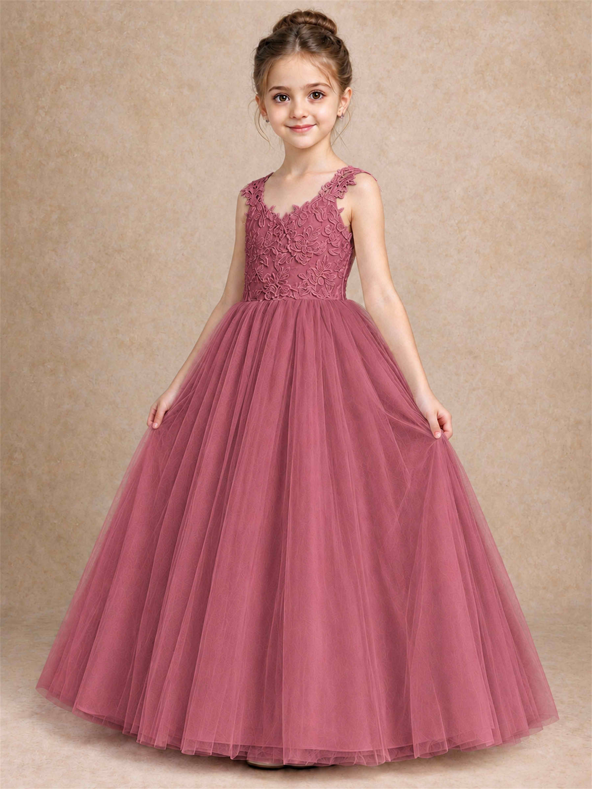 V Neck Lace Applique Sleeveless Tulle Floor Length Formal Gown for Wedding First Communion
