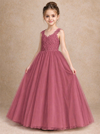 V Neck Lace Applique Sleeveless Tulle Floor Length Formal Gown for Wedding First Communion