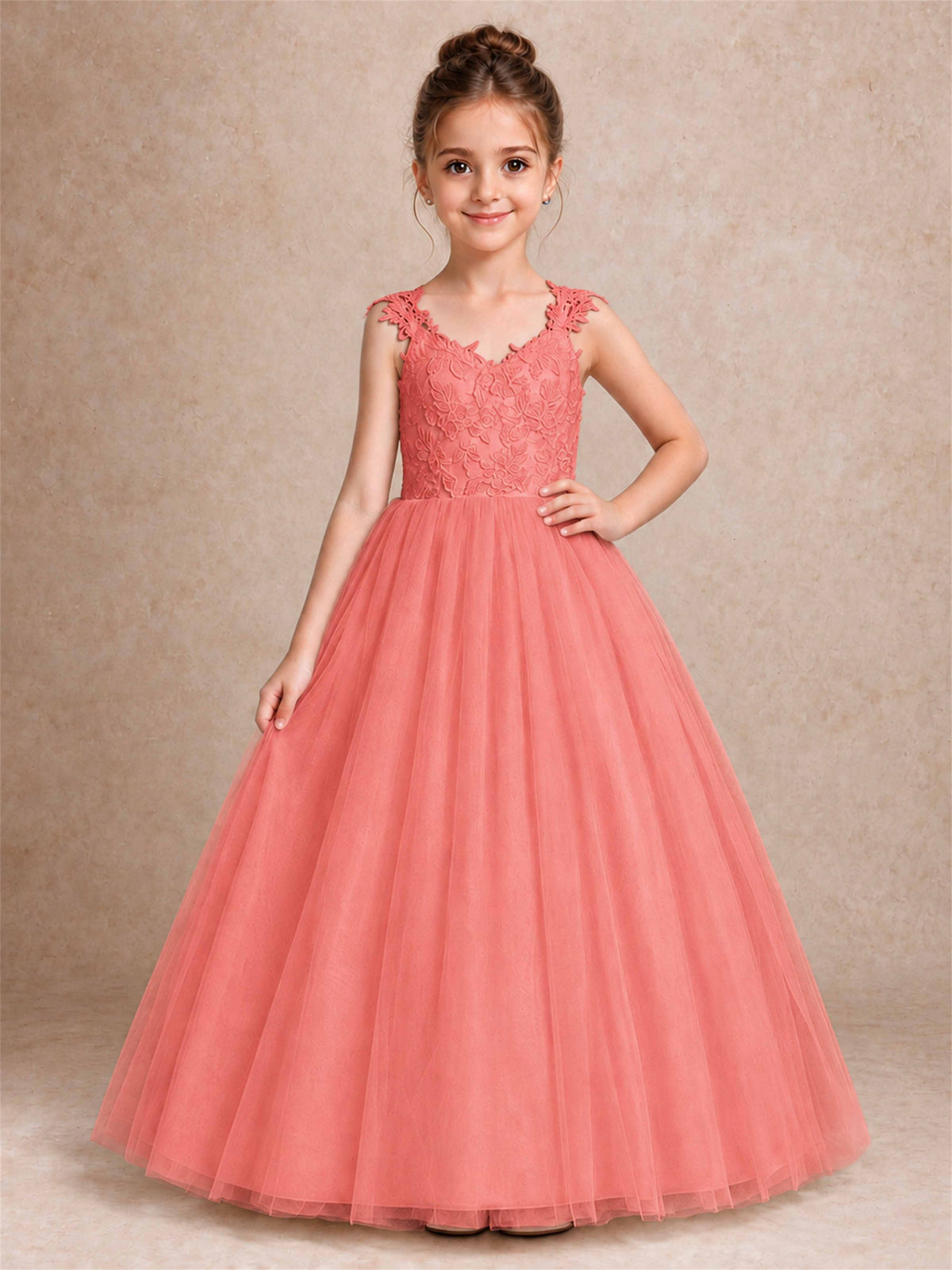 V Neck Lace Applique Sleeveless Tulle Floor Length Formal Gown for Wedding First Communion