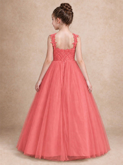 V Neck Lace Applique Sleeveless Tulle Floor Length Formal Gown for Wedding First Communion