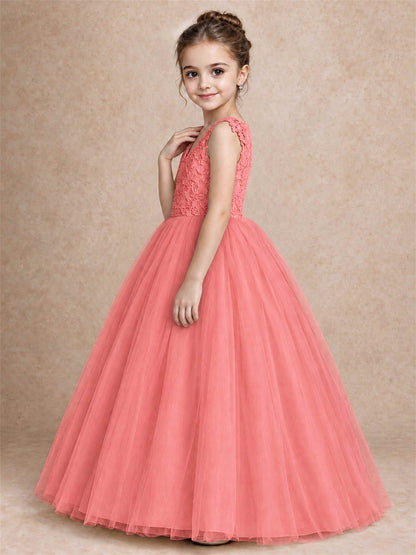 V Neck Lace Applique Sleeveless Tulle Floor Length Formal Gown for Wedding First Communion
