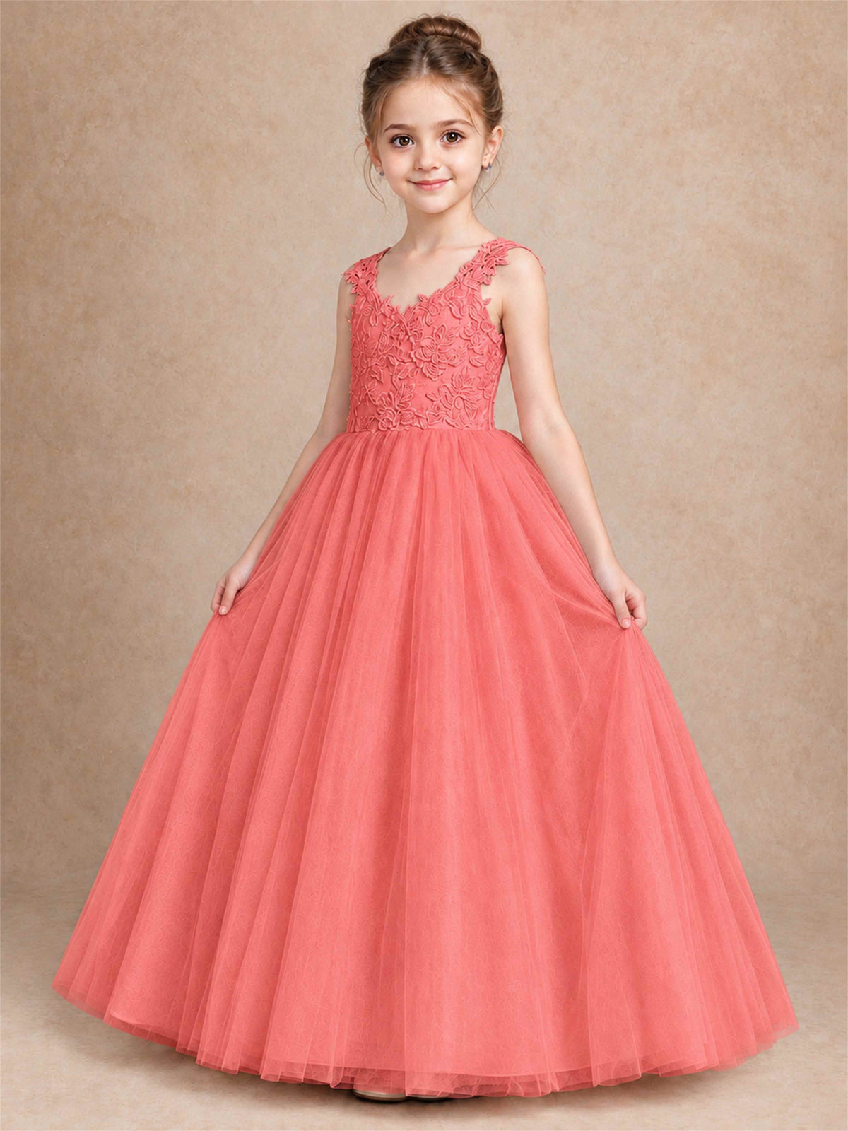 V Neck Lace Applique Sleeveless Tulle Floor Length Formal Gown for Wedding First Communion