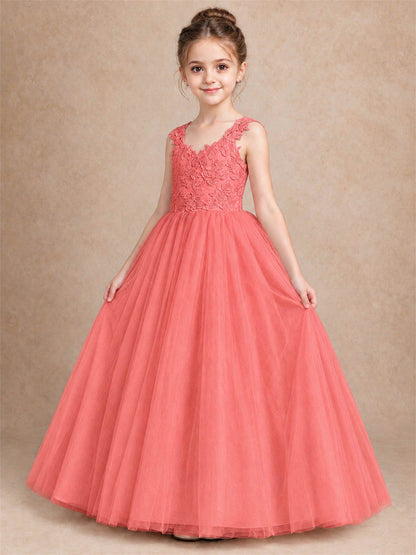 V Neck Lace Applique Sleeveless Tulle Floor Length Formal Gown for Wedding First Communion