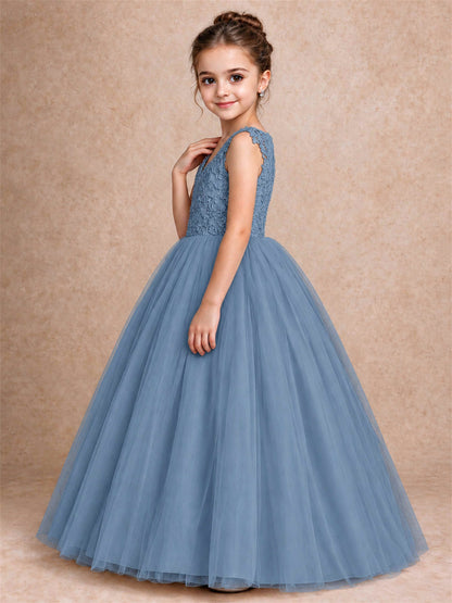 V Neck Lace Applique Sleeveless Tulle Floor Length Formal Gown for Wedding First Communion