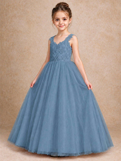 V Neck Lace Applique Sleeveless Tulle Floor Length Formal Gown for Wedding First Communion