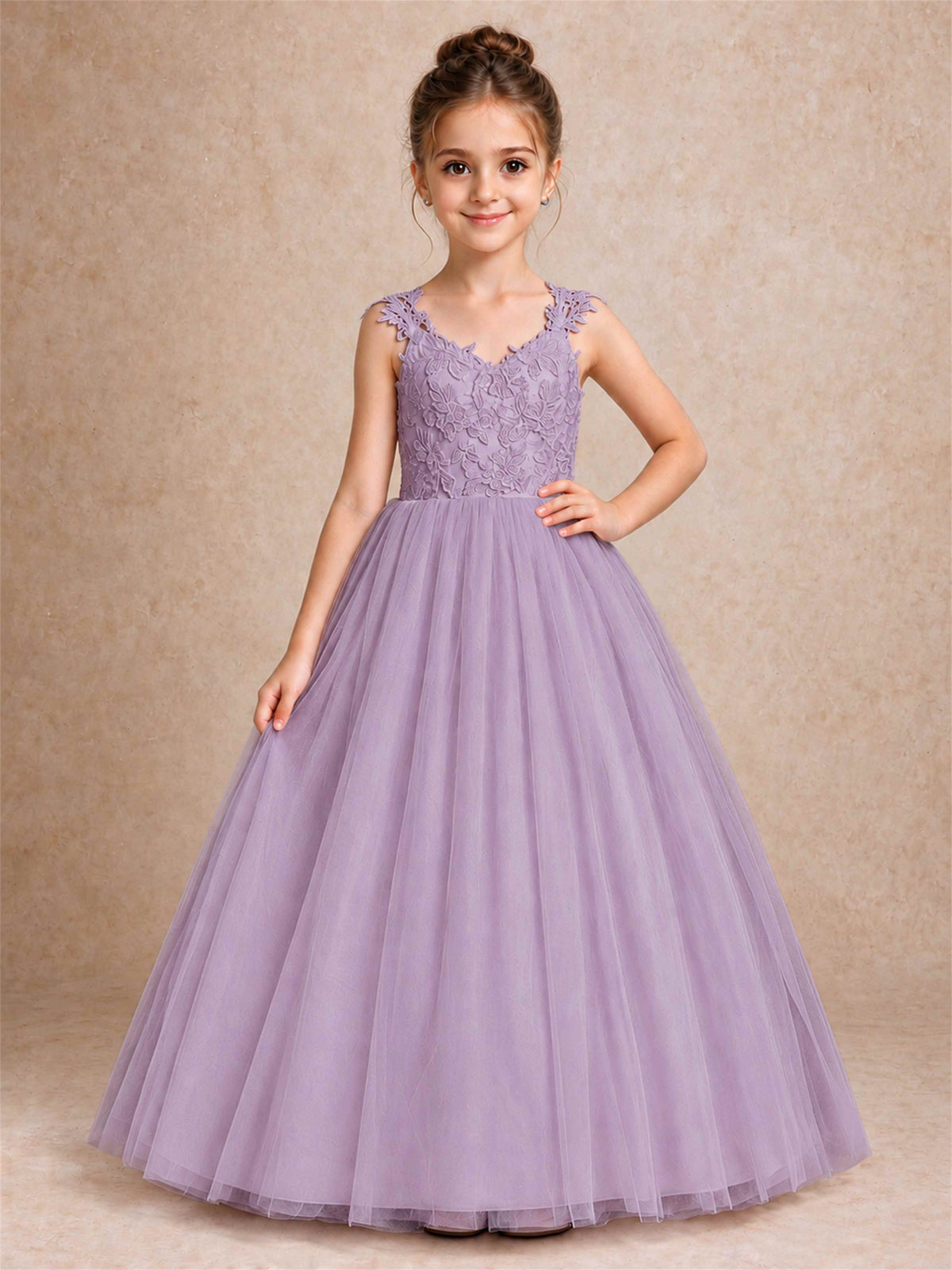 V Neck Lace Applique Sleeveless Tulle Floor Length Formal Gown for Wedding First Communion