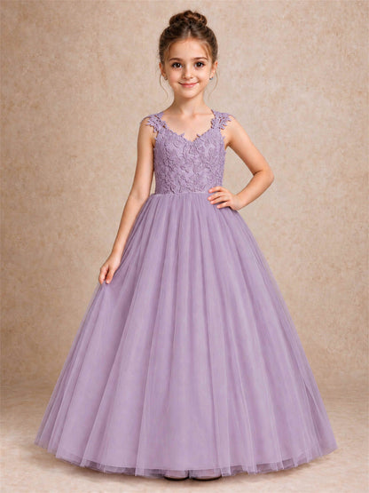 V Neck Lace Applique Sleeveless Tulle Floor Length Formal Gown for Wedding First Communion