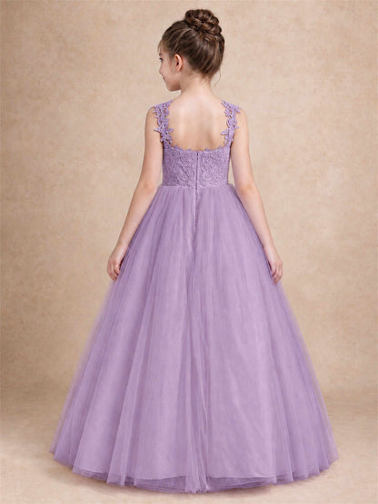 V Neck Lace Applique Sleeveless Tulle Floor Length Formal Gown for Wedding First Communion