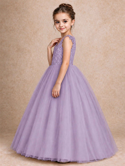 V Neck Lace Applique Sleeveless Tulle Floor Length Formal Gown for Wedding First Communion
