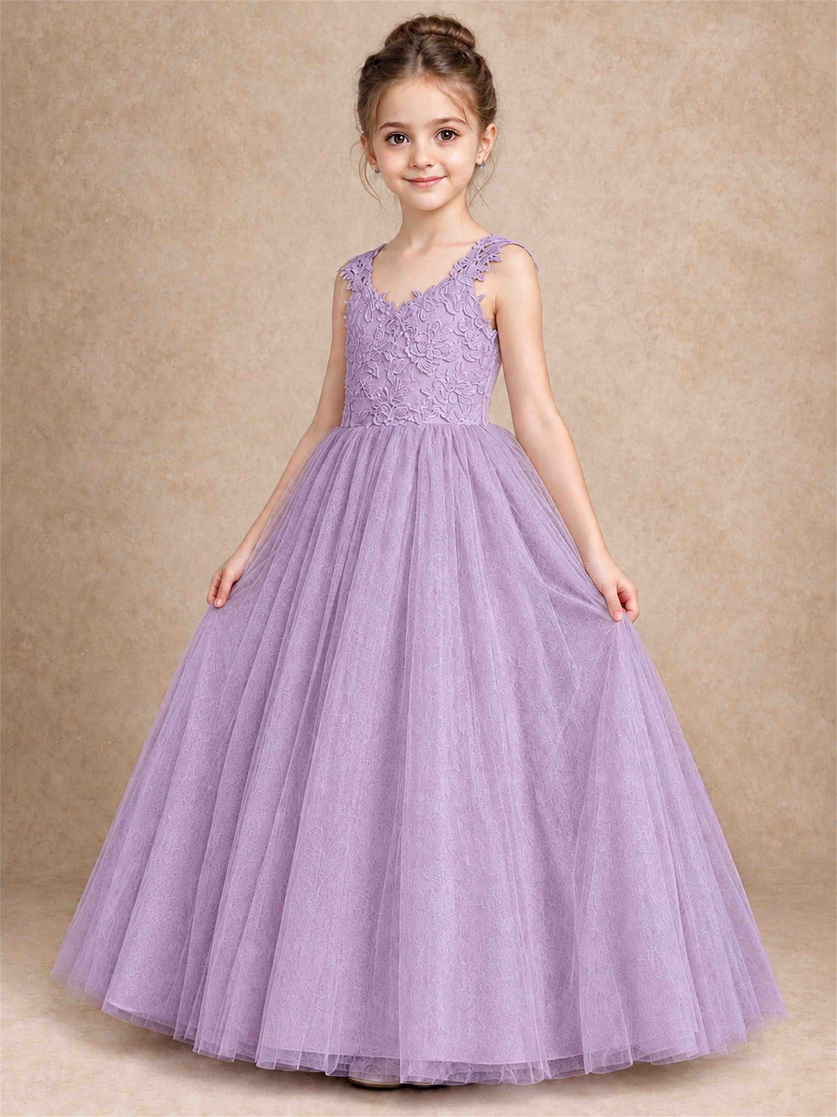 V Neck Lace Applique Sleeveless Tulle Floor Length Formal Gown for Wedding First Communion